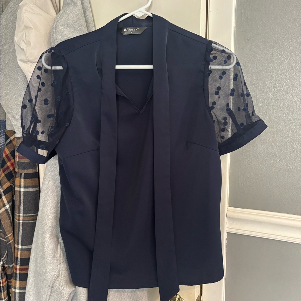 Navy Blouse with Sheer Polka Dot Sleeves
